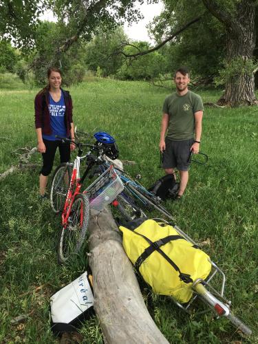 Meredith Tyree, MS student in the Environmental Studies Department, and Ian Bishop, Professional Research Associate, bike to South Boulder Creek with sampling equipment.