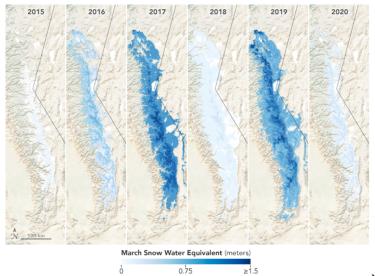Maps of snow cover in the Sierra Nevada 2015-2020, showing strong year-to-year variability
