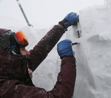 Researcher cuts out a snow sample from a snow pit wall at the Storm Peak Lab on top of the Steamboat ski mountain, Colorado. 