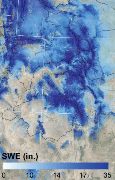 Detailed map of snow water equivalent (in inches) for the intermountain west