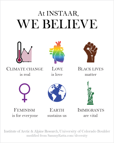Poster for INSTAAR stating that climate change is real, love is love, black lives matter, feminism is for everyone, earth sustains us, and immigrants are vital. Modified from SammyKatta.com/diversity