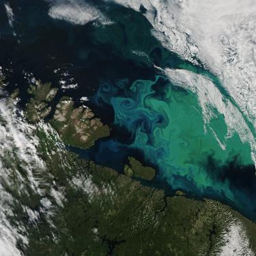 An aerial satellite photo showing a green landmass, white clouds and deep blue ocean streaked with aquamarine swirls