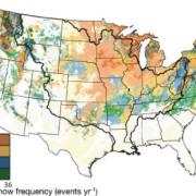 Color coded US map of how rain-on-snow events can create potential nitrogen sources. Northern areas of the northeast, midwest, and northwest coast have high potential.