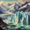 A pre-Raphaelite-inspired painting of maritime glaciers in southern Patagonia. The artwork depicts majestic, towering ice formations with intricate details, set against a serene turquoise sea. In the background, dramatic mountain peaks rise under soft, ethereal light. The composition emphasises rich, natural hues and textures, showcasing the pristine beauty and grandeur of untouched nature. The scene evokes a sense of stillness and awe, with subtle reflections on the water enhancing the realism.