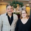Portrait of Nicole Lovenduski, Justin Schwartz, and Massimo Ruzzene. Behind them is a Triceratops skeleton.