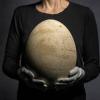 Person in black holding a huge, fossilized elephant bird egg while wearing white gloves. Photo: Rebecca Hale, NGM Staff, National Geographic