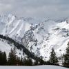 Snowy, rocky mountains studded with evergreens in the foreground