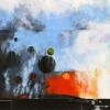 Abstract painting by Diane Burko, called "Unprecedented", with cloud like shapes, firey red areas, and discs of many sizes