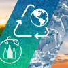 Earth Day graphic consisting of a series of images cropped diagonally that depict oceans, plants, ice, clouds, and more. Some of the images are overlain with earth and recycling symbols