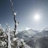 A sunny winter day in Rocky Mountain National Park with snow on the trees and mountains 