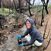 Lauren Magliozzi taking samples from a partially burned section of Coal Creek, which runs through Superior and Louisville.  She took samples after the Marshall Fire every time it rained as part of a a study of the after effects of urban fires on streams. 