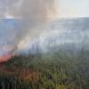 A wildfire burns along a forested ridgeline, sending billows of grey-white smoke into the air.