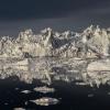 Panoramic view of icebergs off Greenland in the Greenland Sea