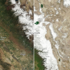 A map slider compares compares the 2022 and 2023 snowpack in the Sierra Nevada.