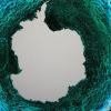 A globe view of the Southern Ocean with Antarctica in the center and ocean current trajectories around it  