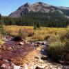 Two mountain streams come together, one with rusty red acid rock drainage