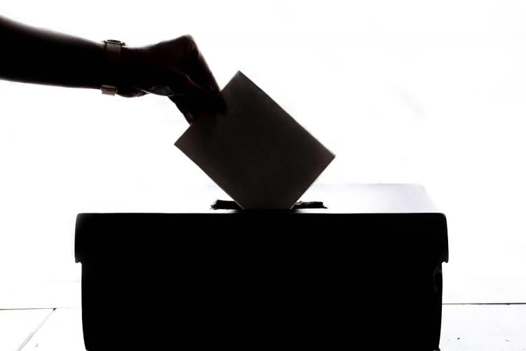 person putting an envelope in a ballot box