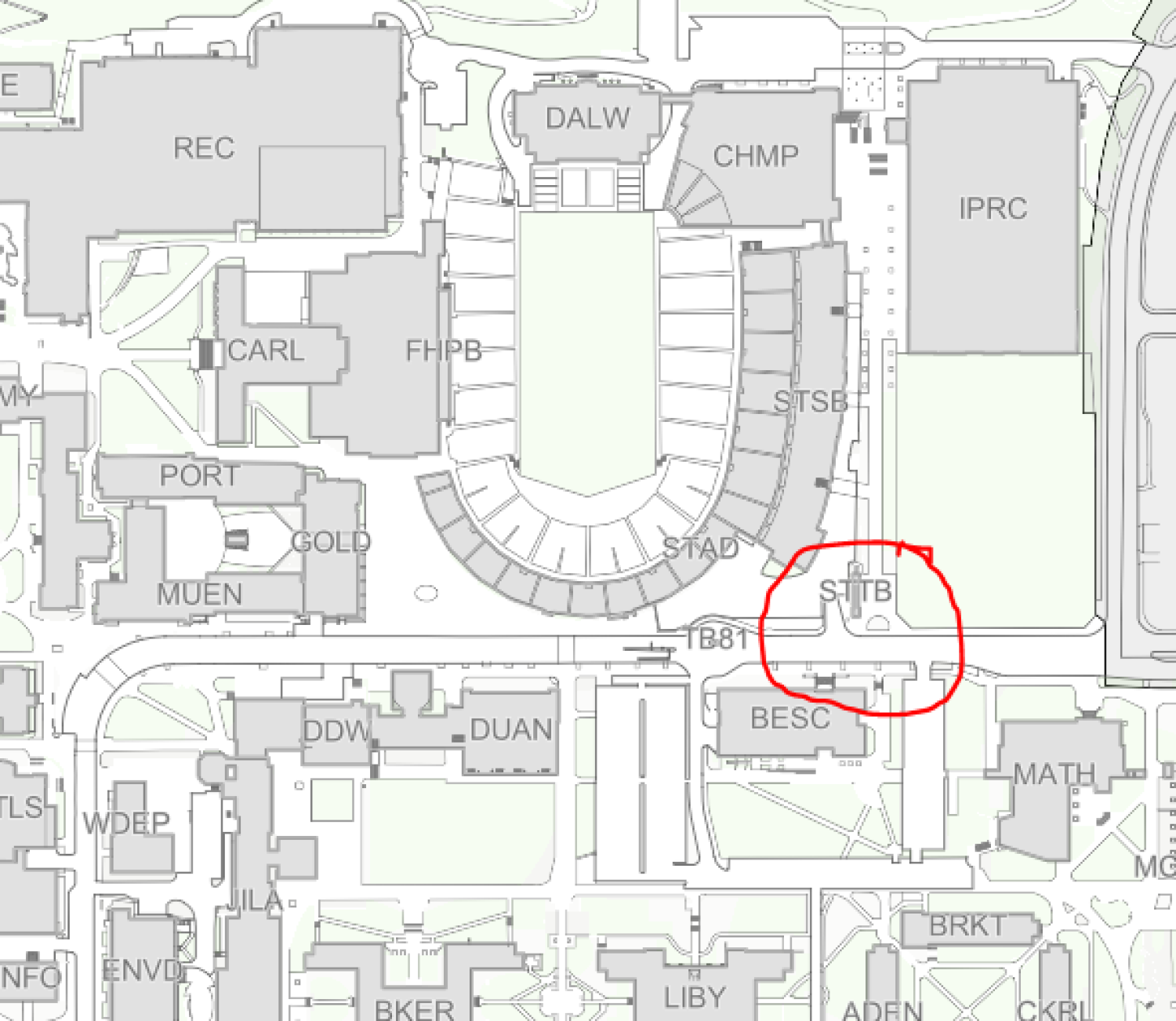 Map of main campus bus pickup location outside of Stadium