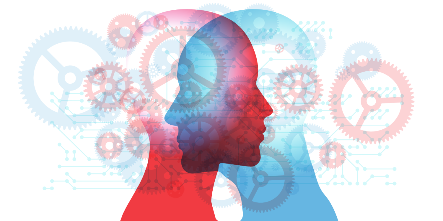 Two heads and gears in silhouette