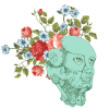 A robot with flowers on the head