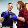 Wil Srubar and a student talking in the lab 