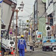 Man walking down a disaster stricken street