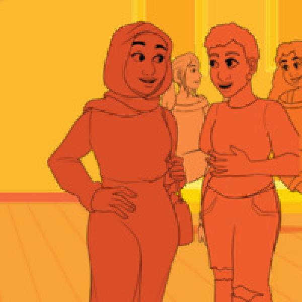 graphic of two women of color talking with two more women talking in the background