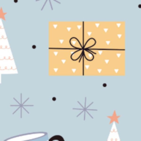 Graphics of present, snowfalkes, and christmas tree