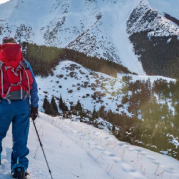 Backcountry skier with mountain in front of them