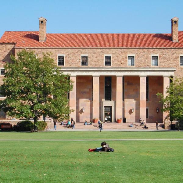 Front of Norlin library with campus green