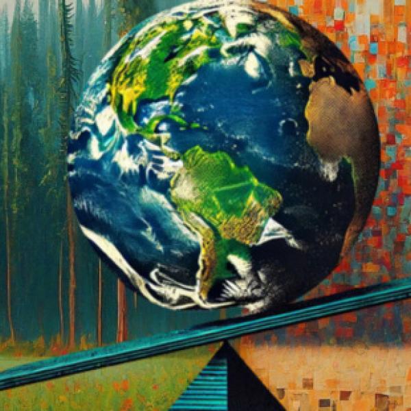 Earth resting in the middle of a see saw graphic