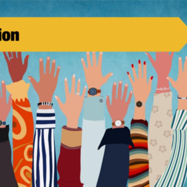 Graphic of diverse hands raised