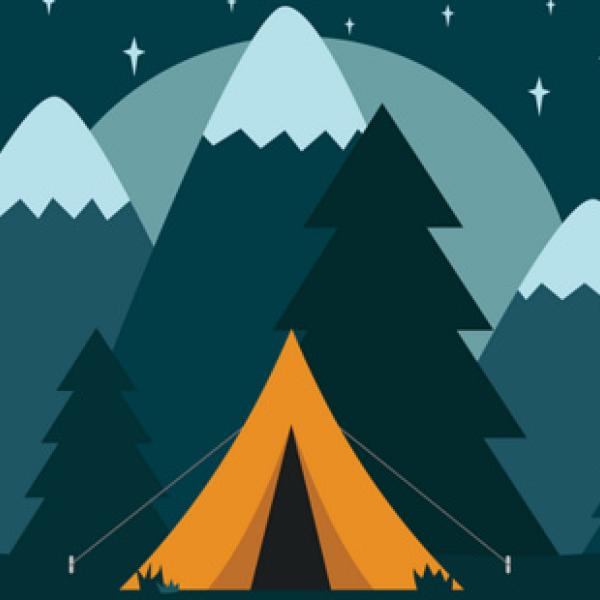 Graphic of tent at night with trees and mountains in the background