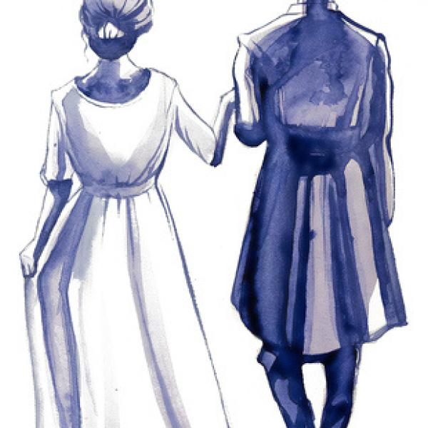 Back of man in long suit coat holding hand of woman in dress