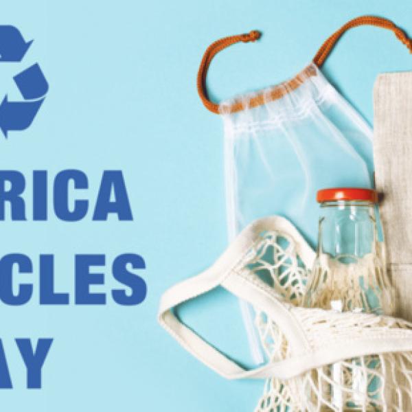 America Recycles Day graphic with reuable bag, straw, and glass bottle