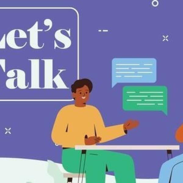 Le;ts Talk graphics with two people sitting at a table with word bubbles