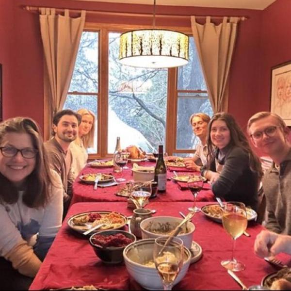 Thanksgiving table with Julie Dye and her family, Jakob Rosenhall, Tim Slettenmark and Axel Bostroem, and a Swedish au pair