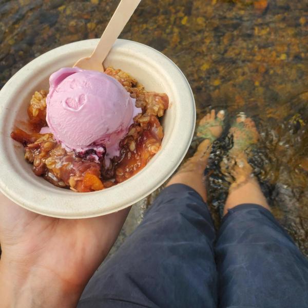 Bowl of peach cobbler and ice cream