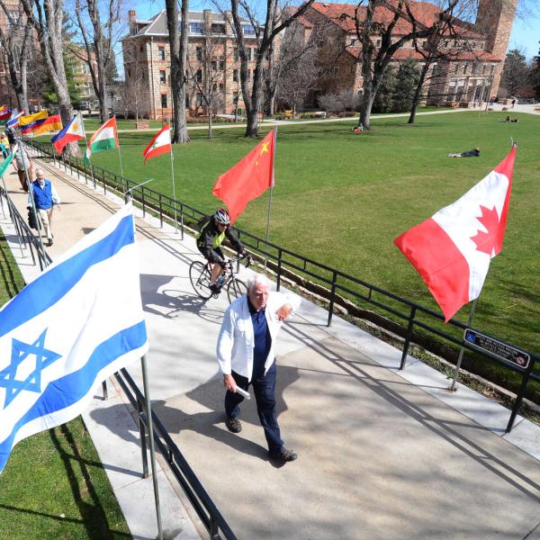 walkway flanked by international flags