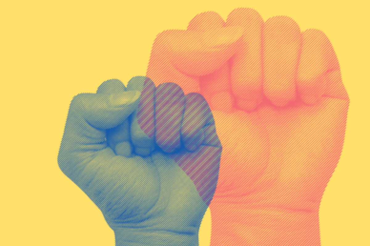 A red fist and blue fist with a yellow background