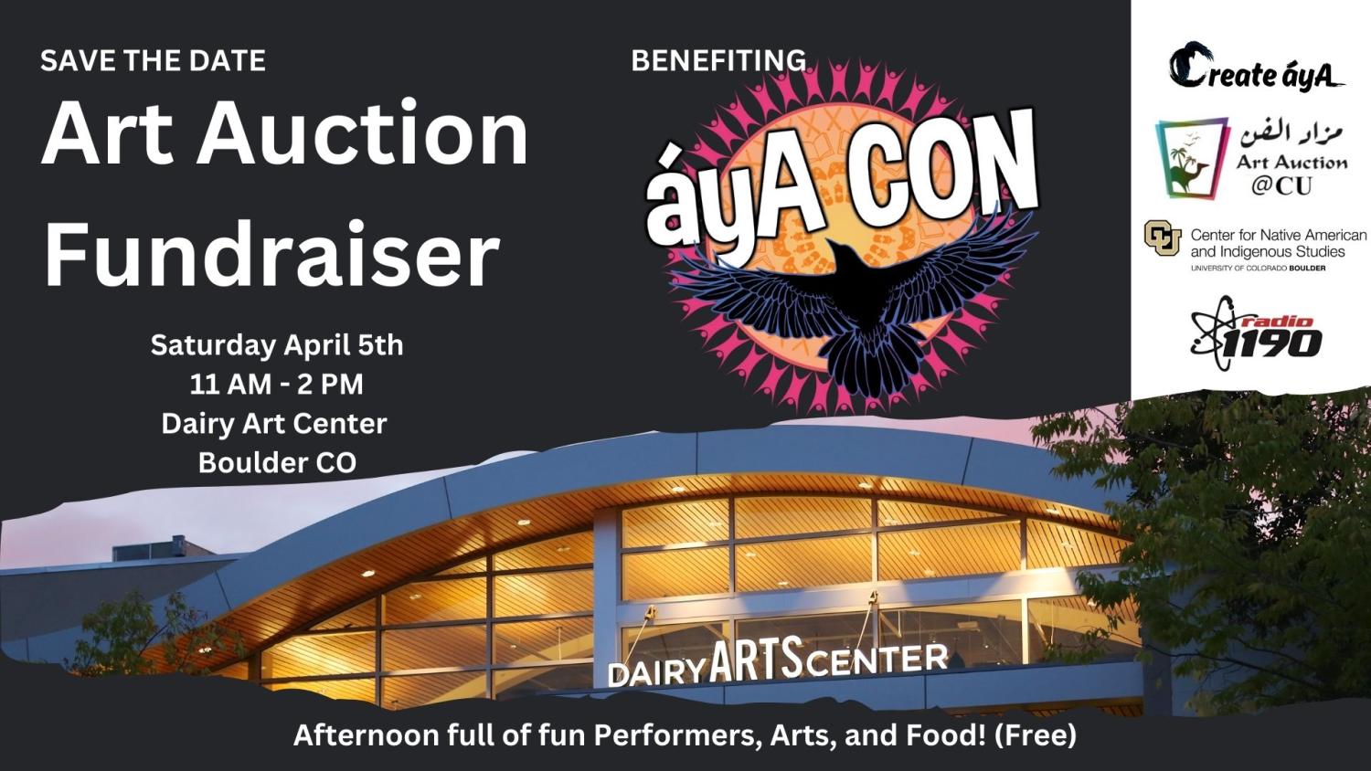 Flery with event information, benefiting ayA CoON, and photo of Dairy Arts Center