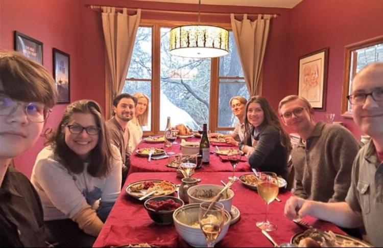 Thanksgiving table with Julie Dye and her family, Jakob Rosenhall, Tim Slettenmark and Axel Bostroem, and a Swedish au pair