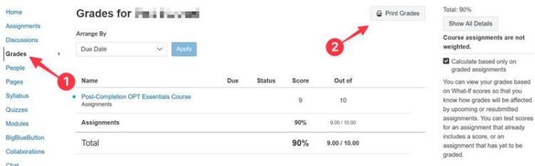 Screenshot of Grades page in Canvas