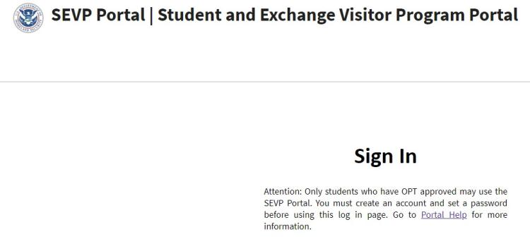 SEVP Portal Login Page image
