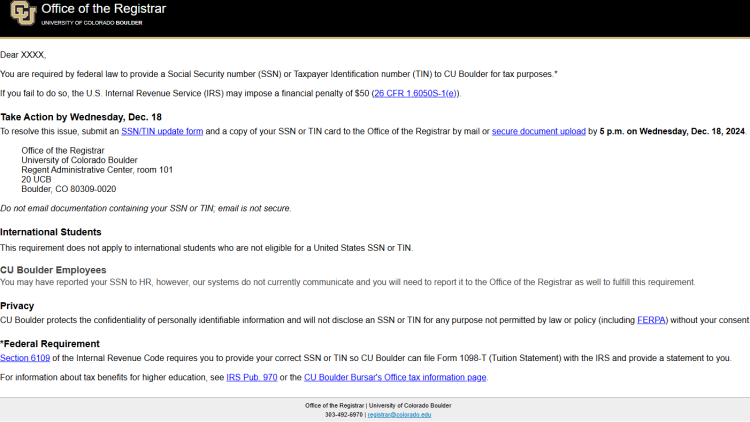 Screenshot of SSN/ITIN Phishing Scam Email