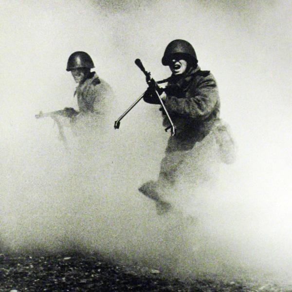 Dmitrii Baltermants, Russian (1912-1990), Attack, 1941, gelatin silver print, 24 x 36 inches. Loan from Teresa and Paul Harbaugh. Photo: CU Art Museum, © Estate of Dmitrii Baltermants