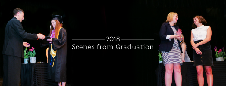 Photographs from 2018 Graduation: (L to R) Prof. Davide Stimilli, Eleanor Landsbaum, Amber Manning, and Jordan Klevdal