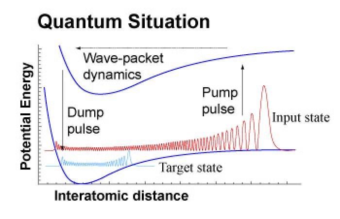 On the quantum mechanical level, the pump/dump process occurs in many small steps, which each transfer a small fraction of the molecular wave function.
