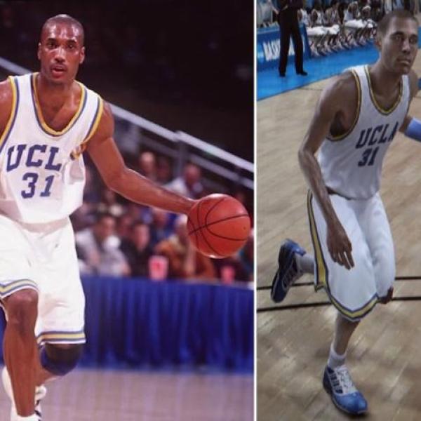 Ed O'Bannon as a UCLA player (left) and in video game likeness in EA Sports' NCAA Basketball 09. (Photos: Al Bello/Getty Images, left, and EA Sports, right)