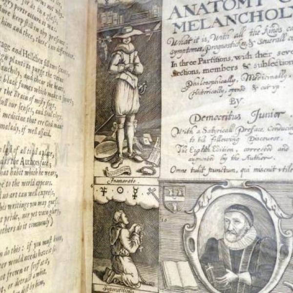 Front piece: The Anatomy of Melancholy, 1621 edition, Robert Burton, Rare Book Collections RaD, CU Boulder Libraries.